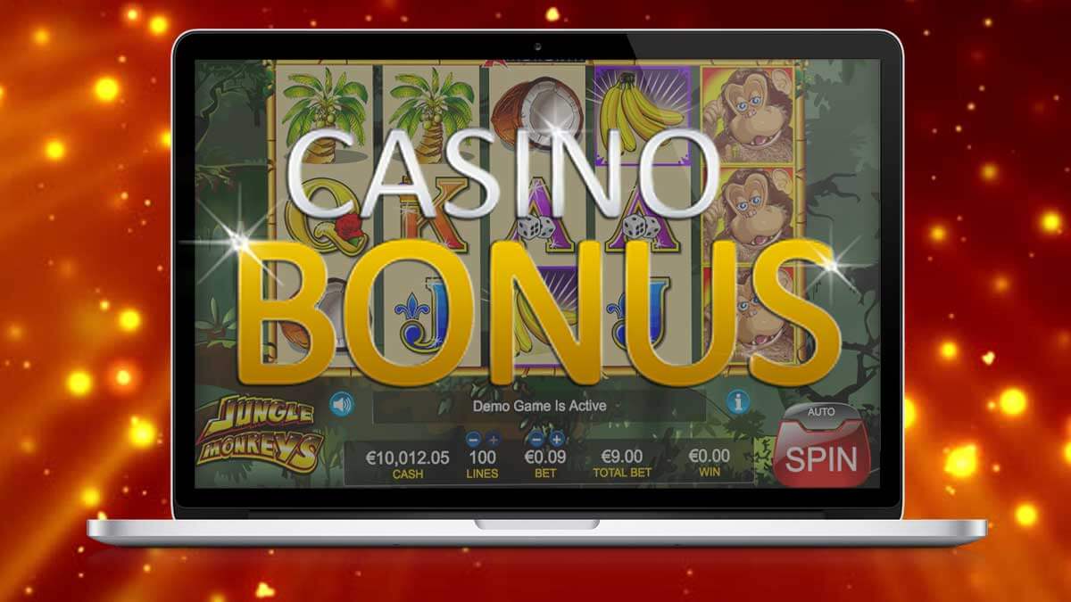 Laptop Showing Casino Bonus Over Slot Game