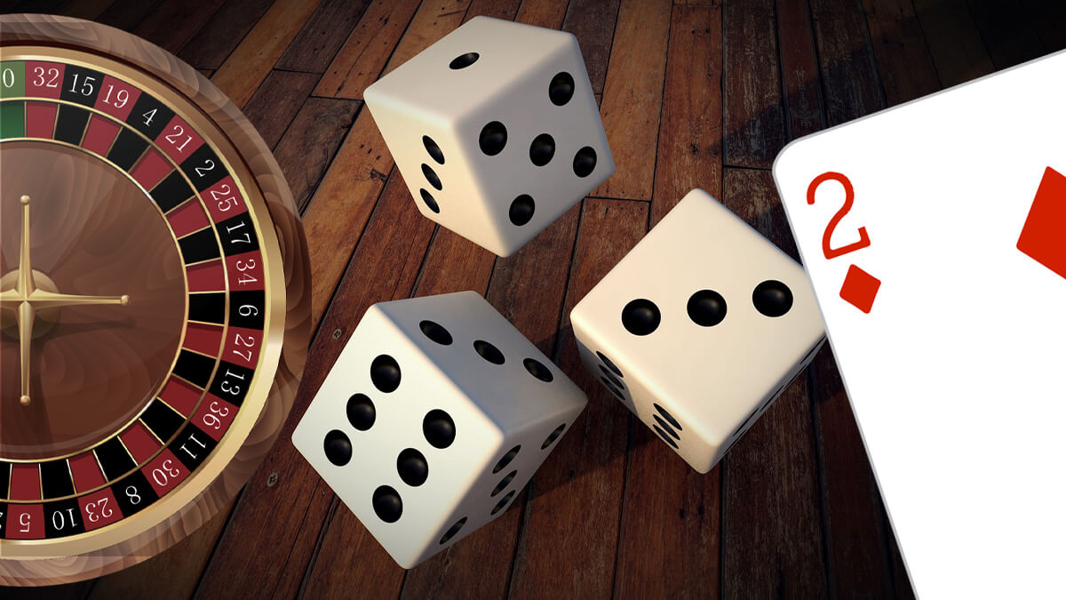 Roulette Wheel, Three Casino Dice, Two of Diamonds Poker Card