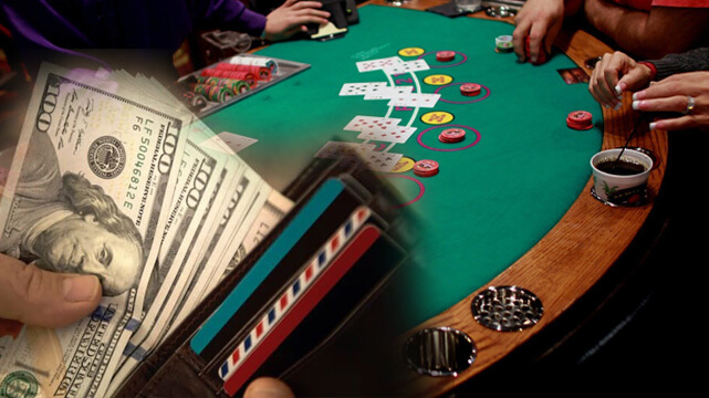 Casino Blackjack Table, Money Coming Out of Wallet