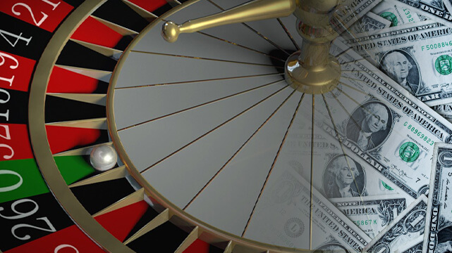Online Roulette Wheel, Pile of Dollar Bills