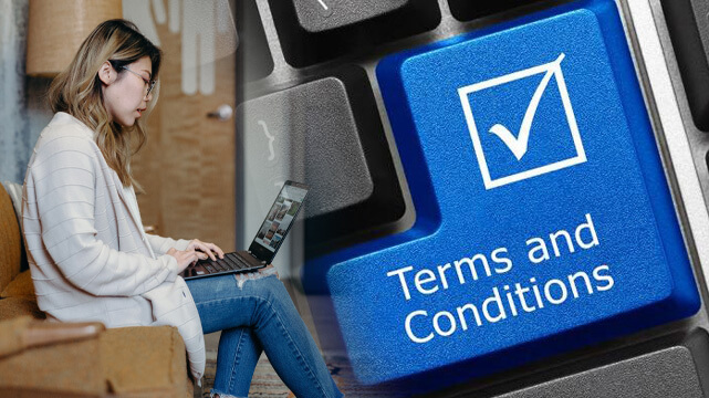 Woman Using Laptop, Keyboard With Terms and Conditions Key