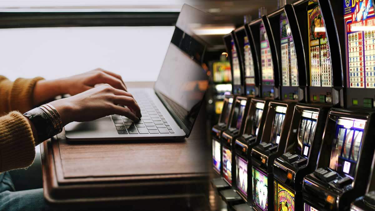 Hands on Laptop Computer, Row of Casino Slot Machines