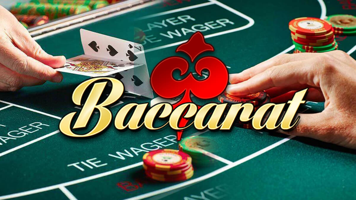 Baccarat Logo, Dealer and Player Touching Cards and Chips on Baccarat Table