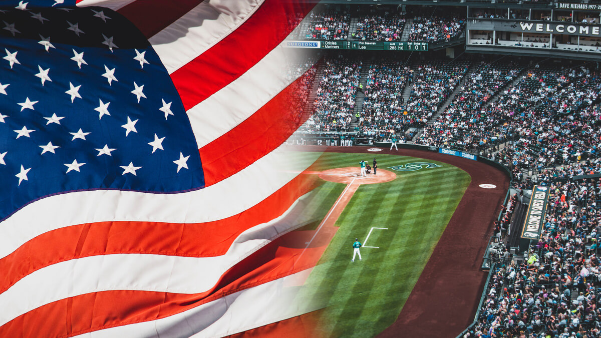 American Flag Waving, Baseball Stadium Aerial View