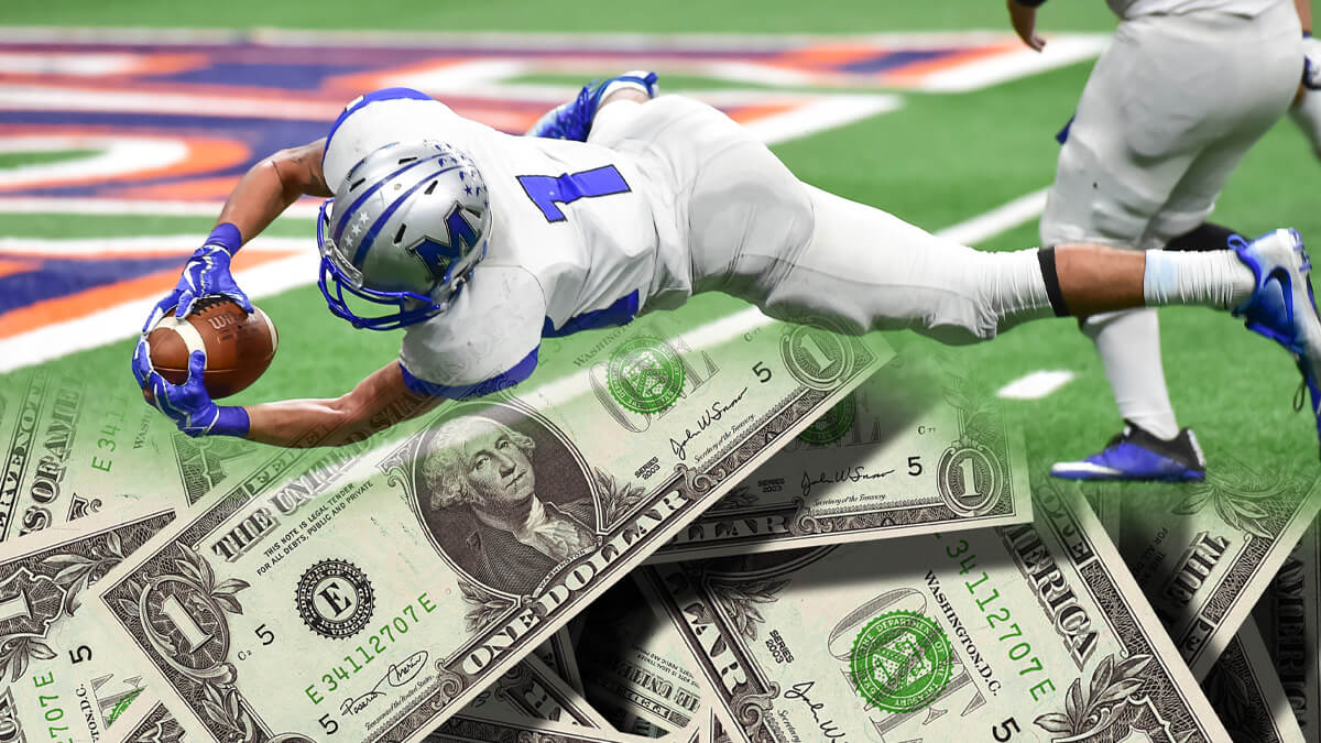 Football Player Diving on the Field, Pile of Money