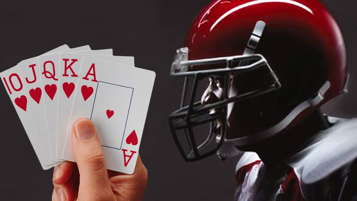 A Hand Holding Playing Cards and Closeup of a Football Player