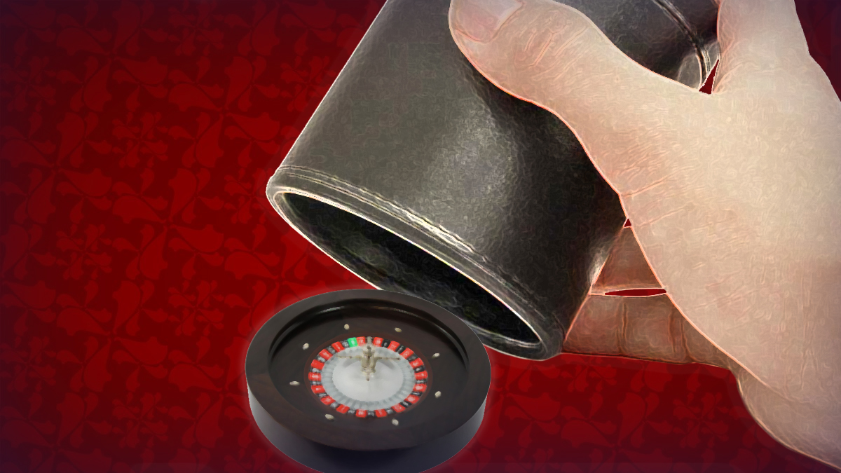A Hand With a Dice Cup and a Roulette Wheel Falling out of It