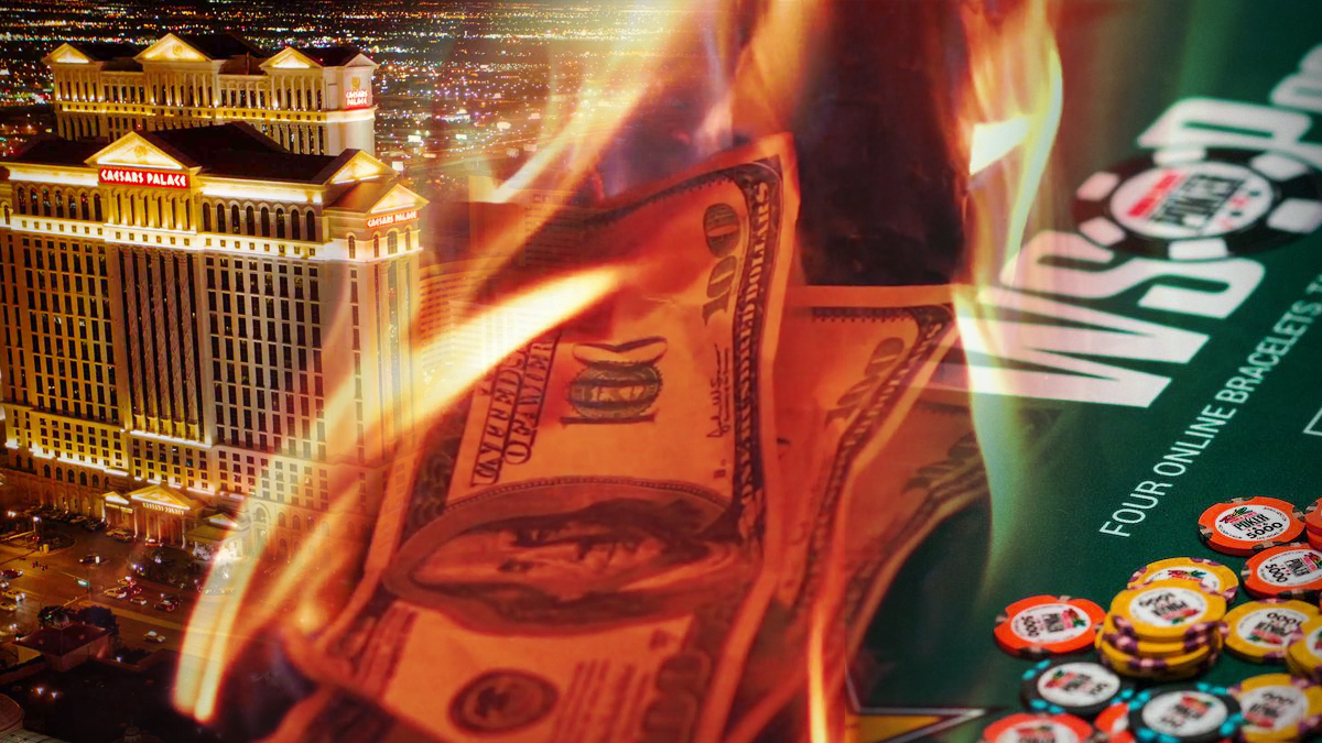 Mixed Image of Caesars Palace Casino Burning Money and WSOP Table