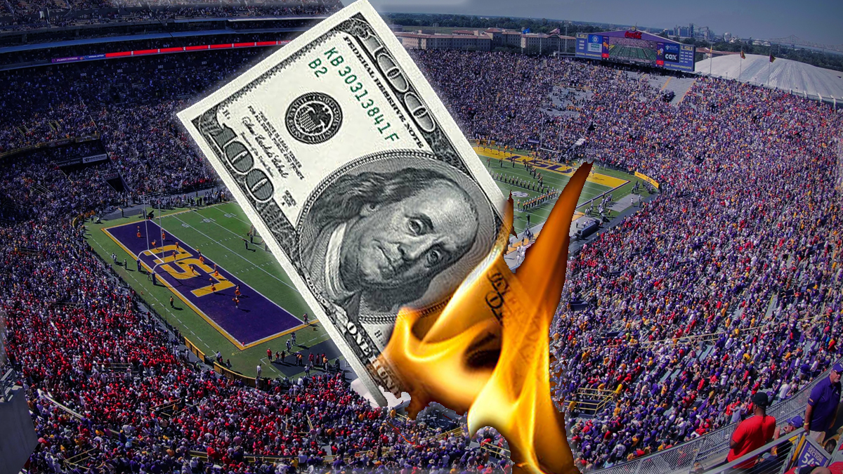 Burning Hundred Dollar Bill in Front of a College Football Stadium Background