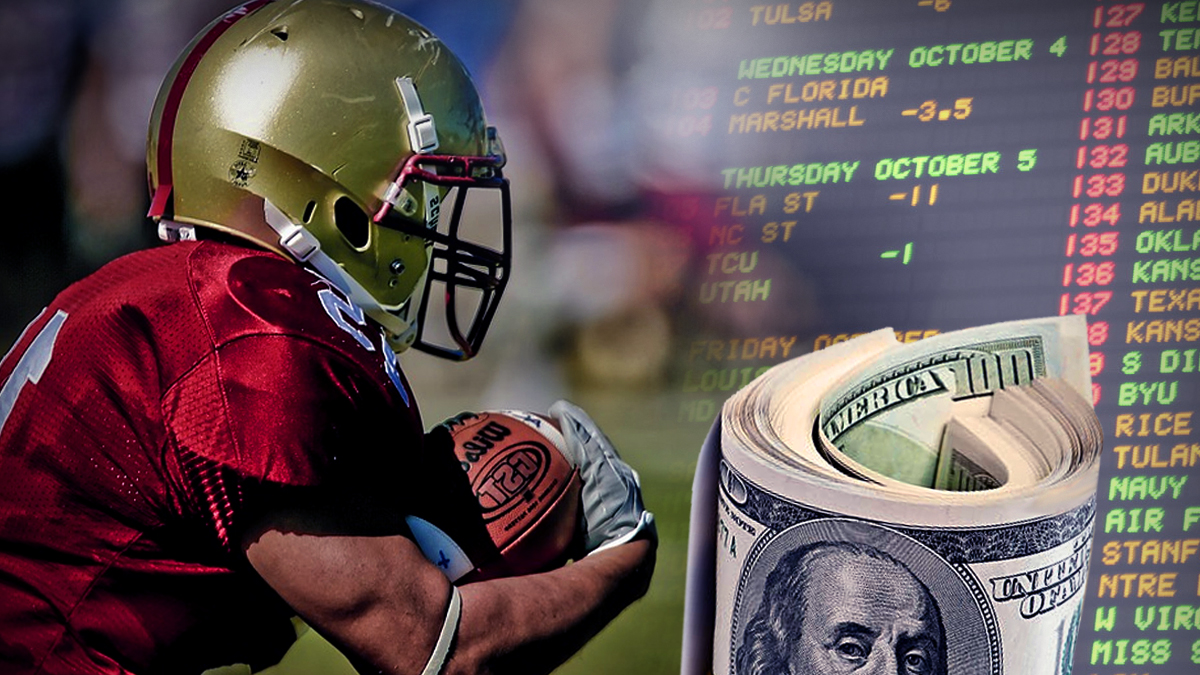 College Football Player Next to Money and Sportsbook Board
