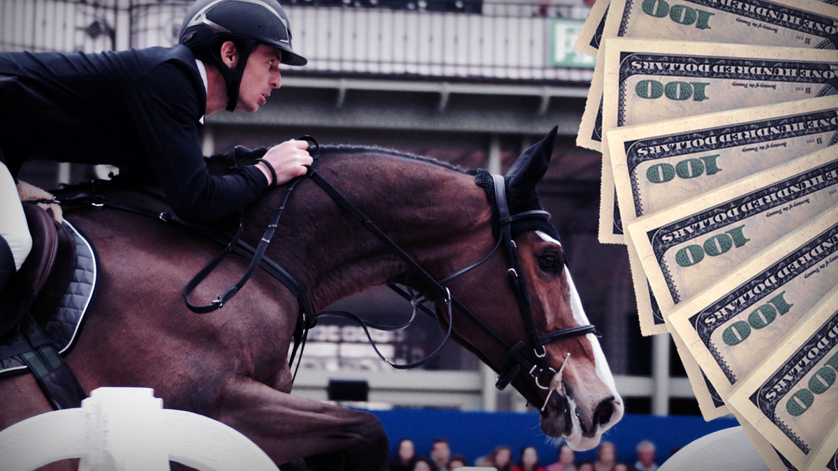 Jockey Riding a Horse Next to an Image of a Fan of Money
