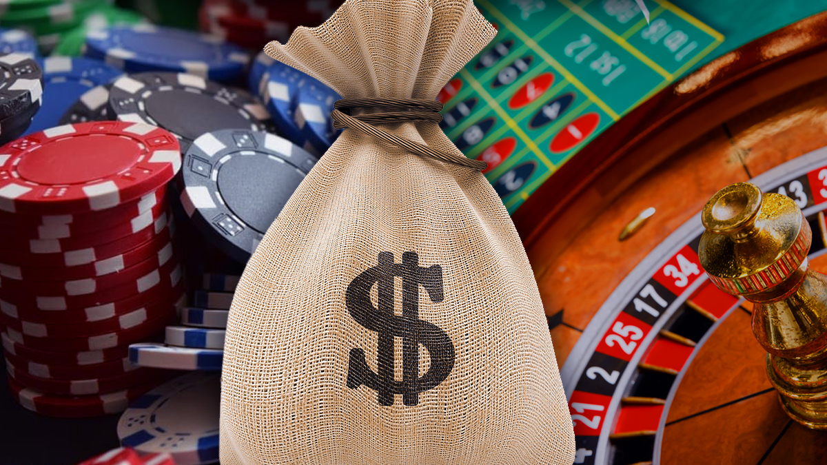 Bag of Money With Casino Chip and Roulette Wheel Background