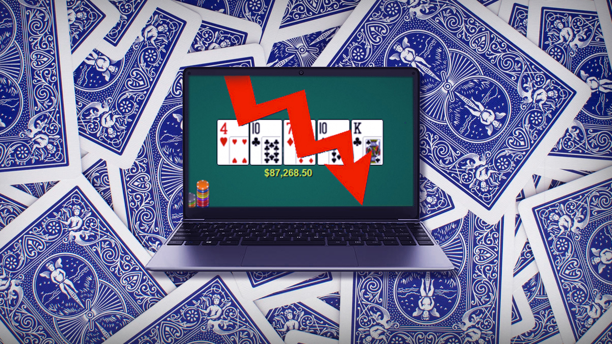 Laptop With Online Poker With a Red Down Arrow on It