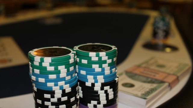 Closeup of Poker Chips and Table