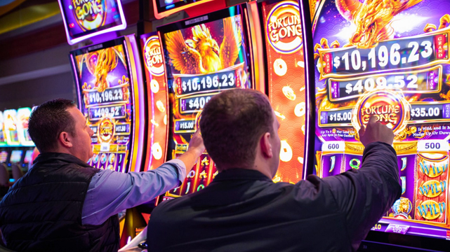 Two Men Playing Skill Based Slot Machines