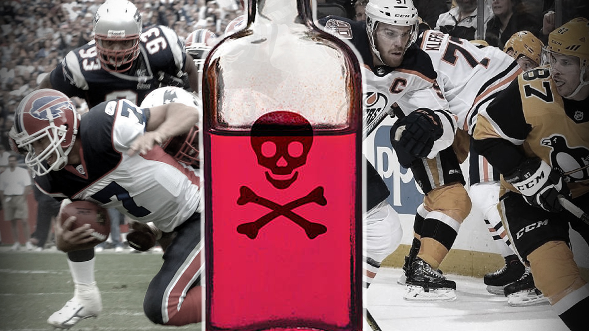 Bottle of Poison in Front of Mix of Sports Players