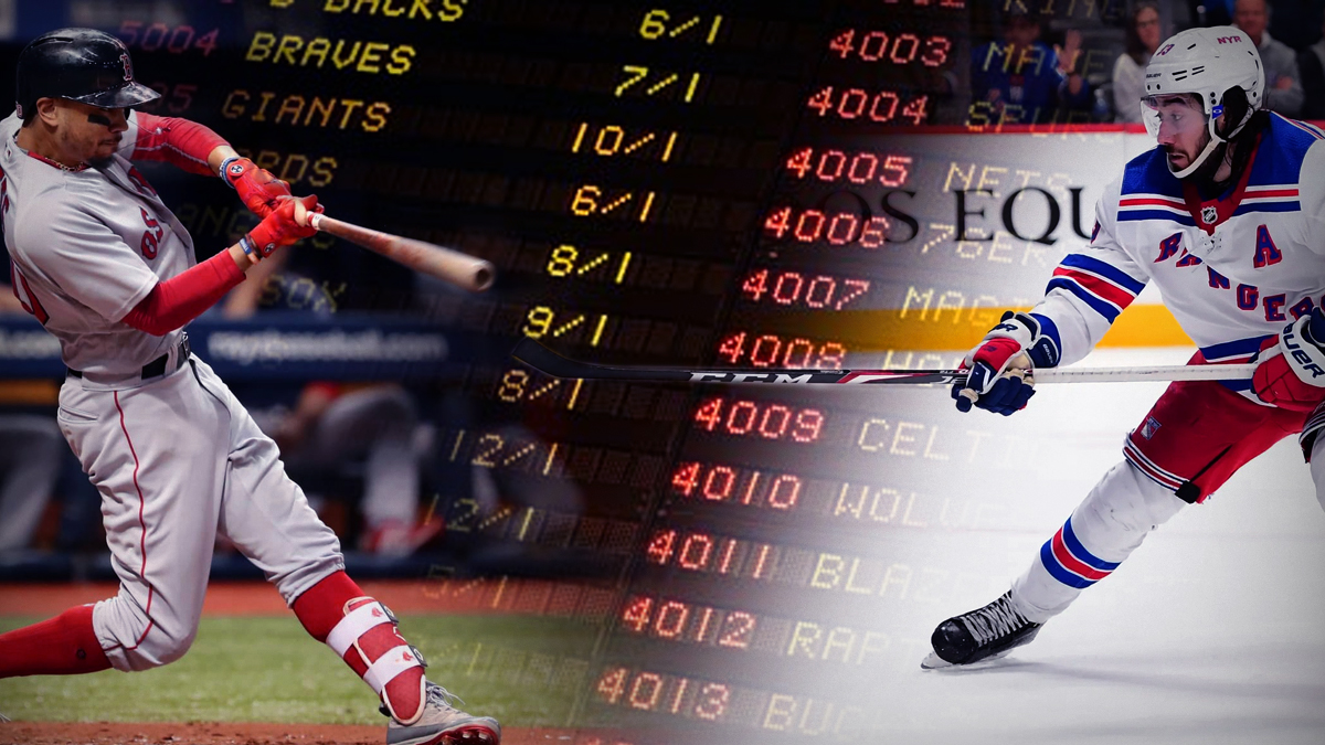 Mixed Image of an MLB Batter an NHL Player and a Sportsbook Board