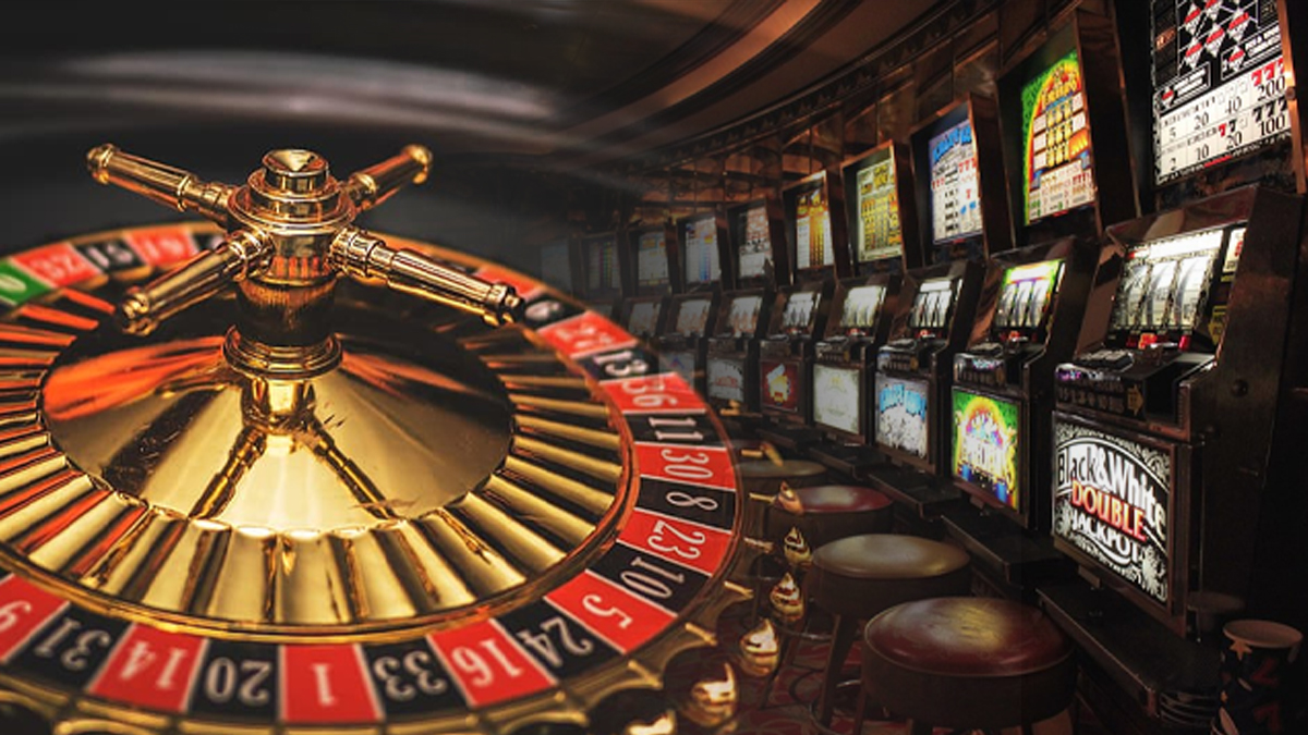 Roulette Wheel and Row of Slot Machines