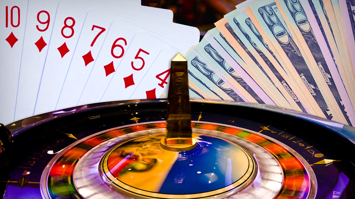Mixed Image of Roulette Wheel Cards and Cash