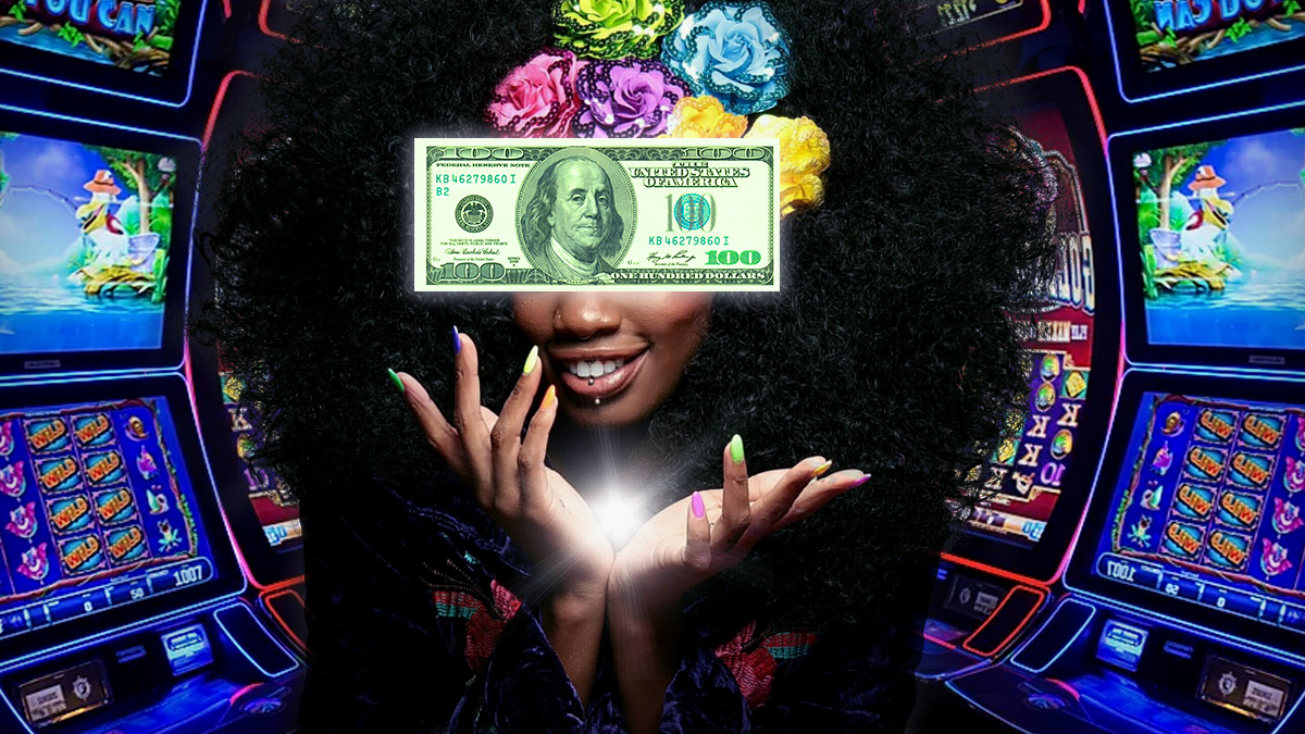Woman With Colorful Nails and Flowers in Hair With 100 Dollar Bill