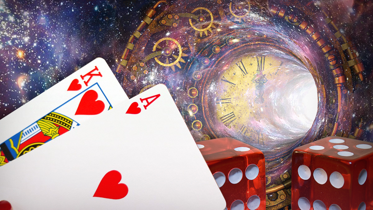 Cards and Dice in Front of Space and Clock Background