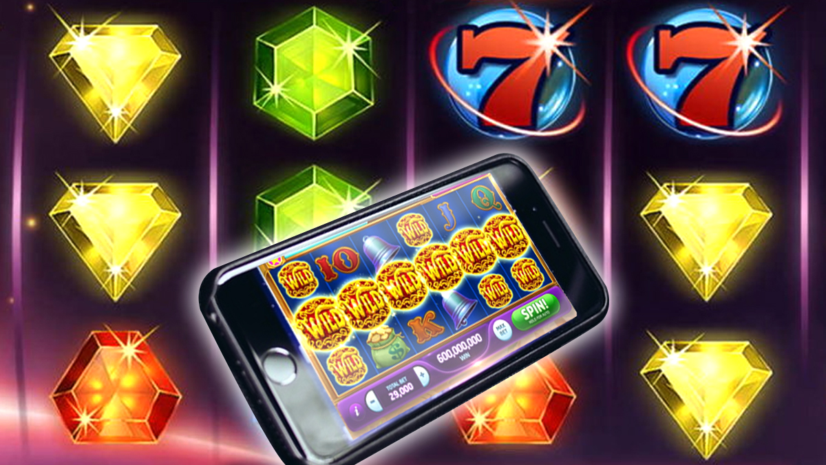 Mobile Phone With Slot Game Playing and Slots Background