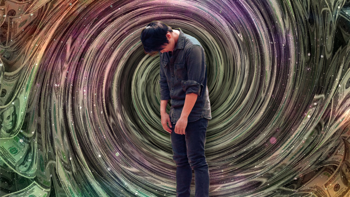 Depressed Man in Front of Black Hole of Money