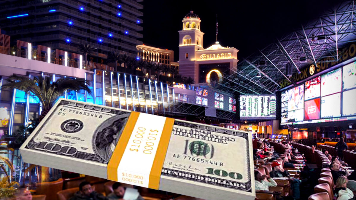 Stack of Hundred Dollar Bills With Sportsbook and Vegas Background