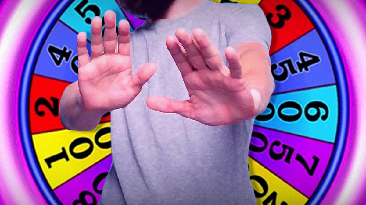 Man With Hands Out With Wheel of Fortune Wheel Background