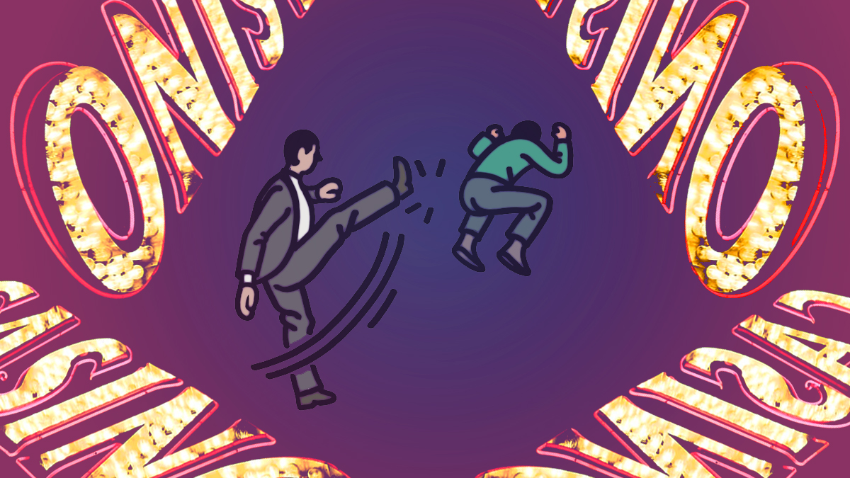 Cartoon of Man Kicking Another Out With Casino Sign Background