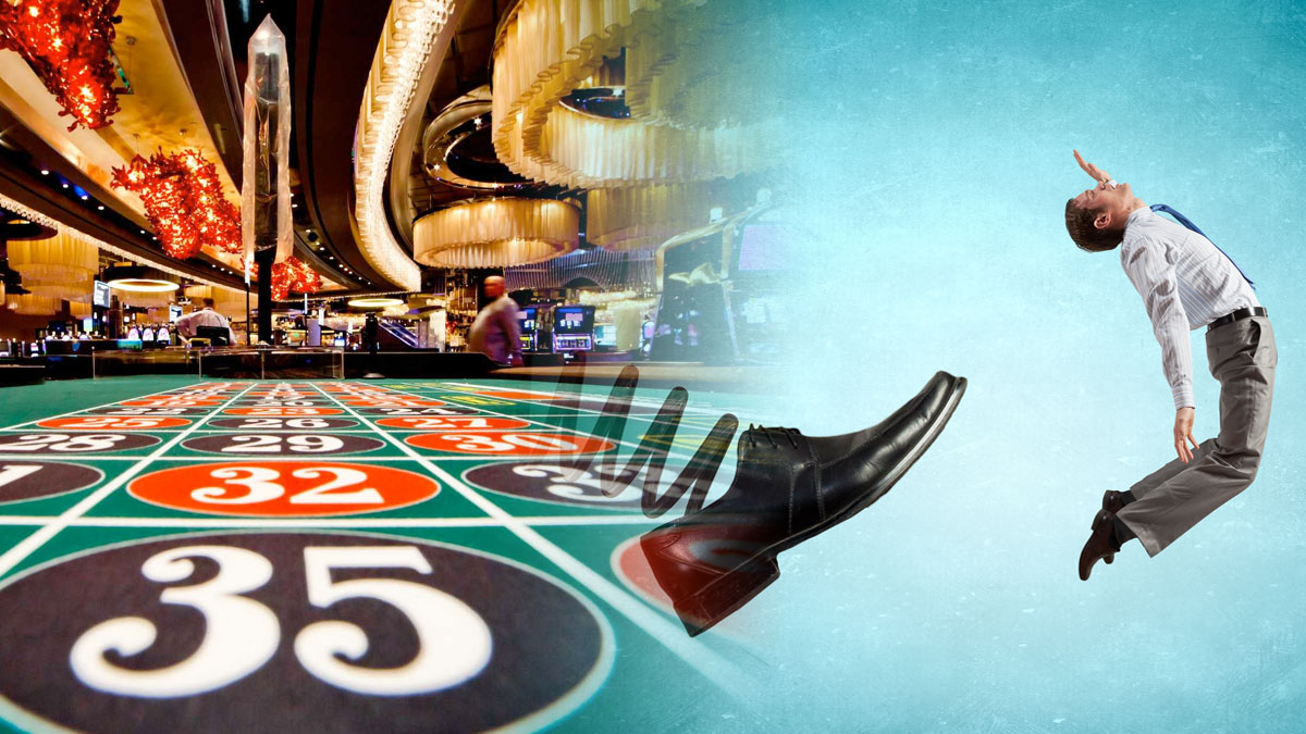 Large Shoe Kicking a Man With a Casino Background