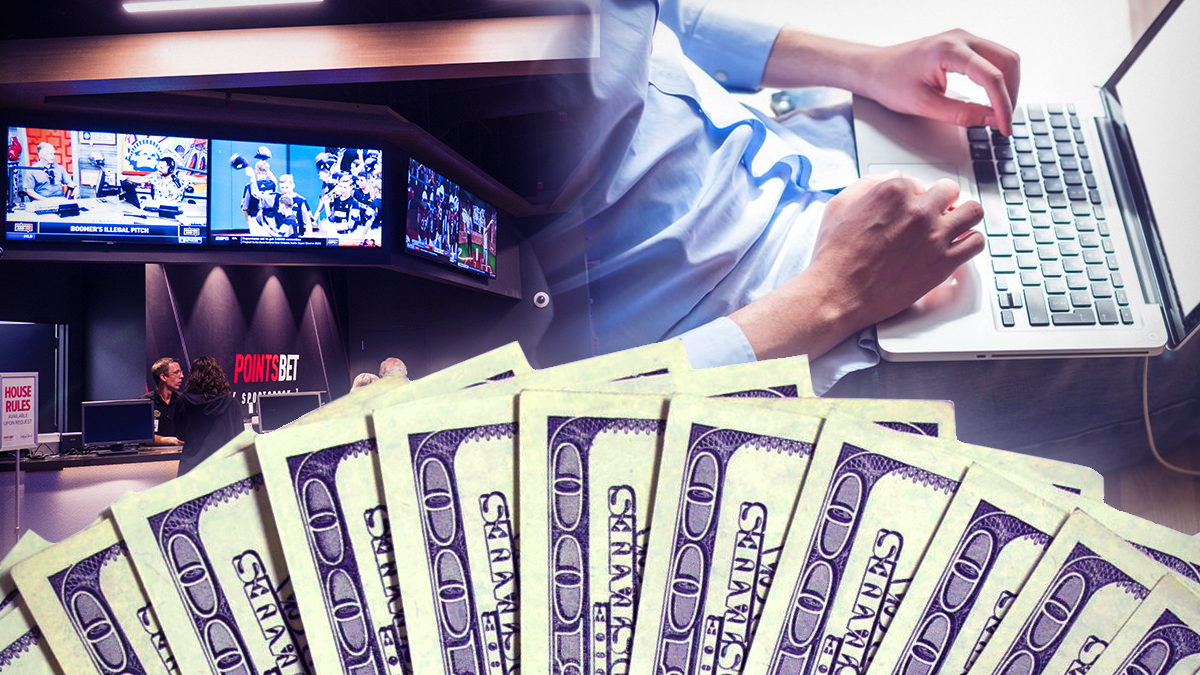 Fan of Money With a Sportsbook and Laptop Background