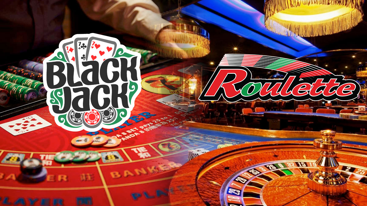 Blackjack and Roulette Graphics With a Casino Table Games Background