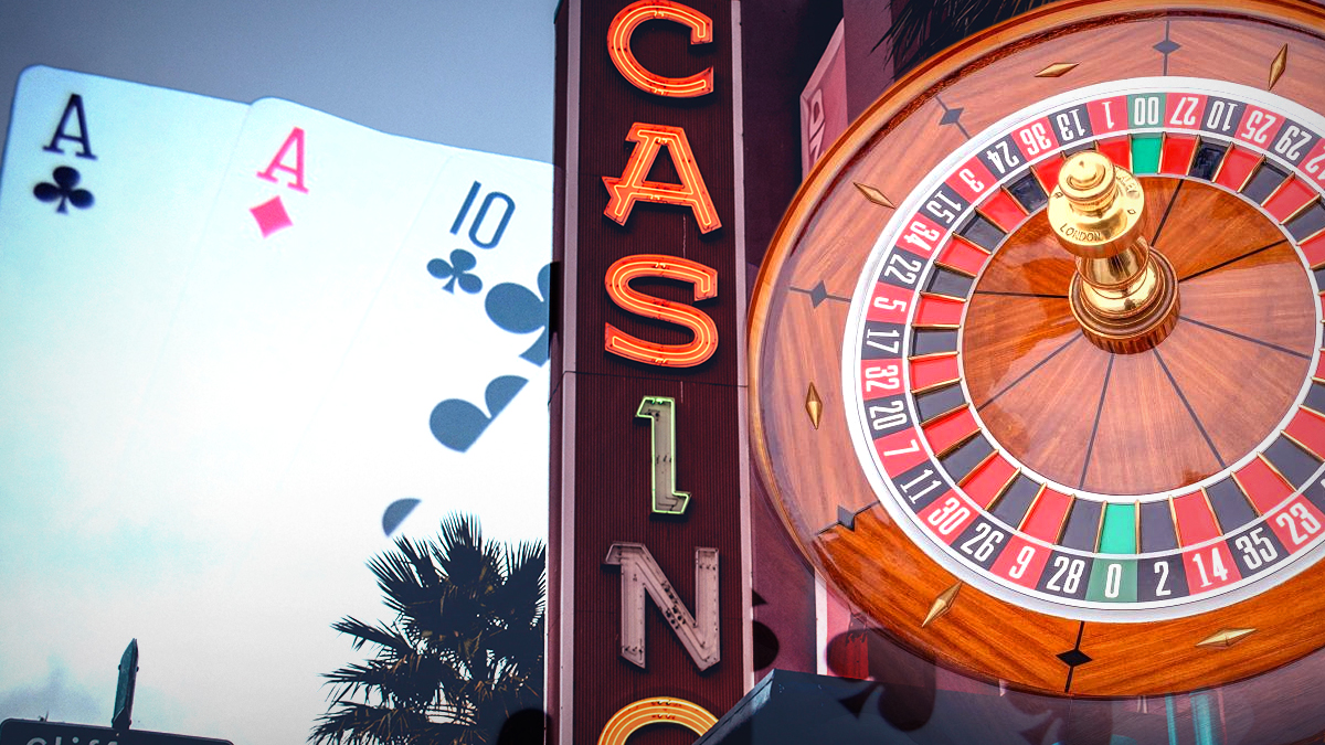 Casino Sign With a Roulette Wheel and Cards Background