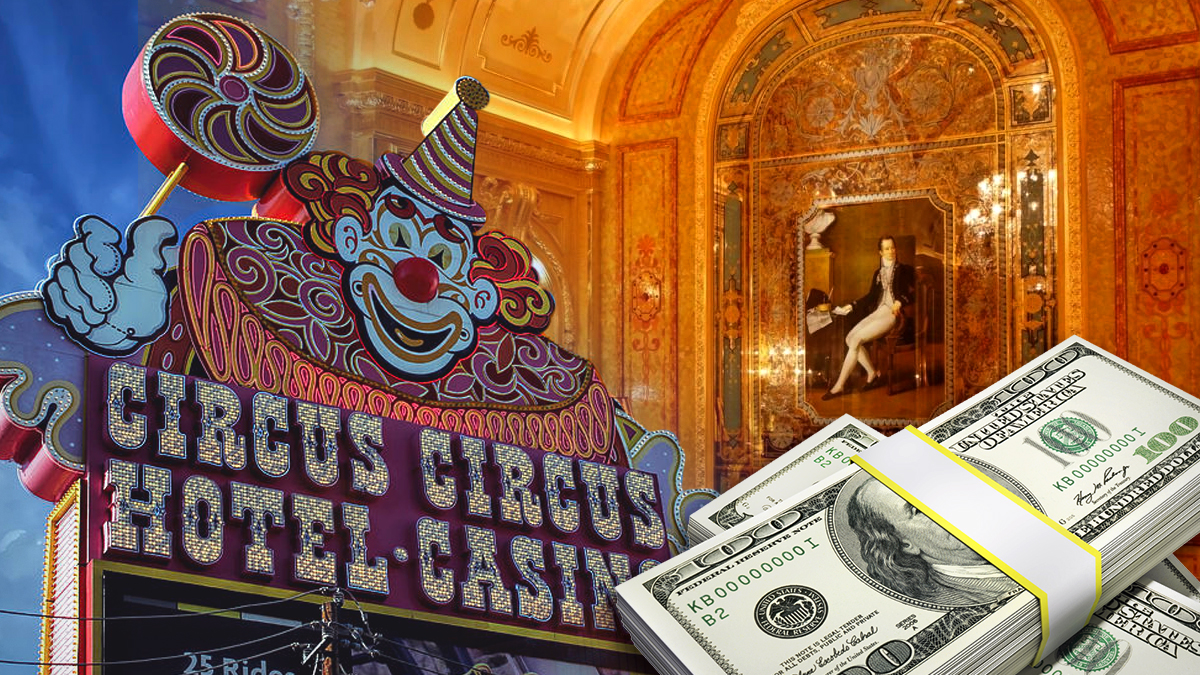 Circus Circus Sign and the Ritz Interior Next to Stacks of Money