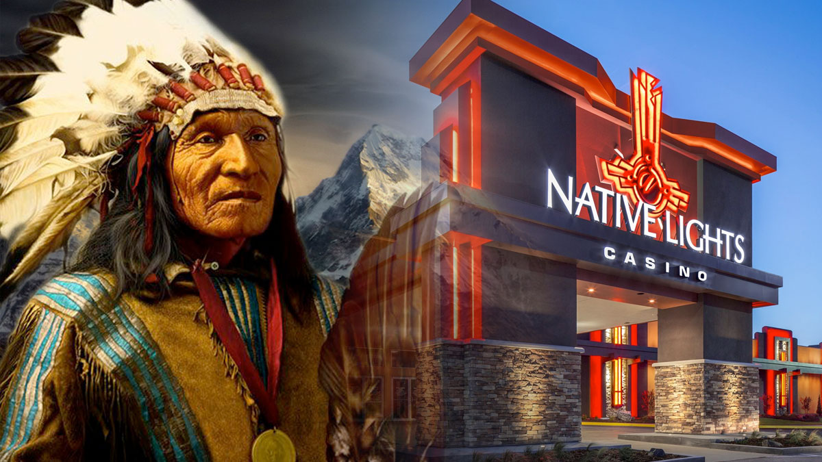 Native American Man Wearing a Headdress Next to a Casino