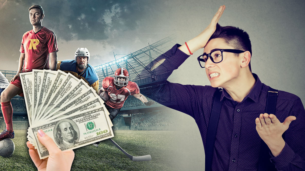 Upset Man Slapping His Forehead With a Sports and Money Background
