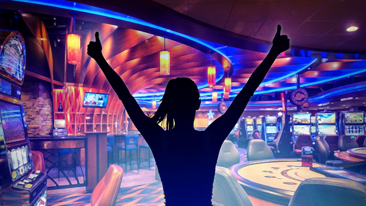 Silhouette of Woman Giving Thumbs Up With a Casino Background