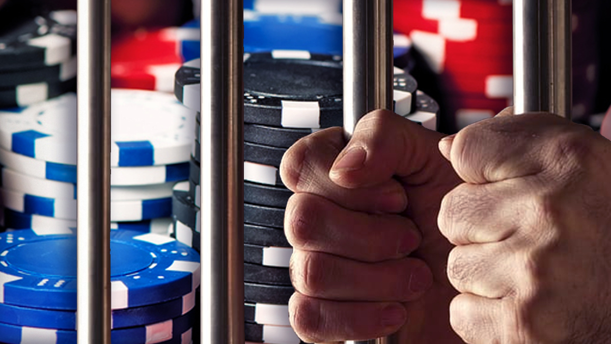 Hands Gripping Jail Bars With a Casino Chip Background