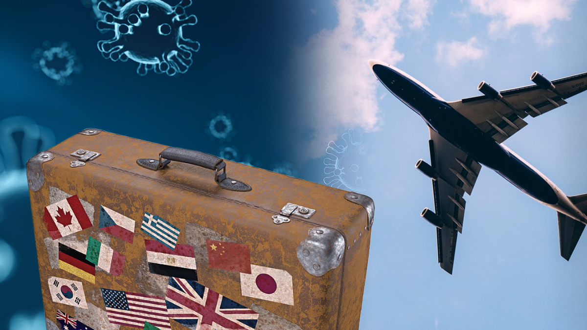 Traveling Luggage With an Airplane and Coronavirus Background