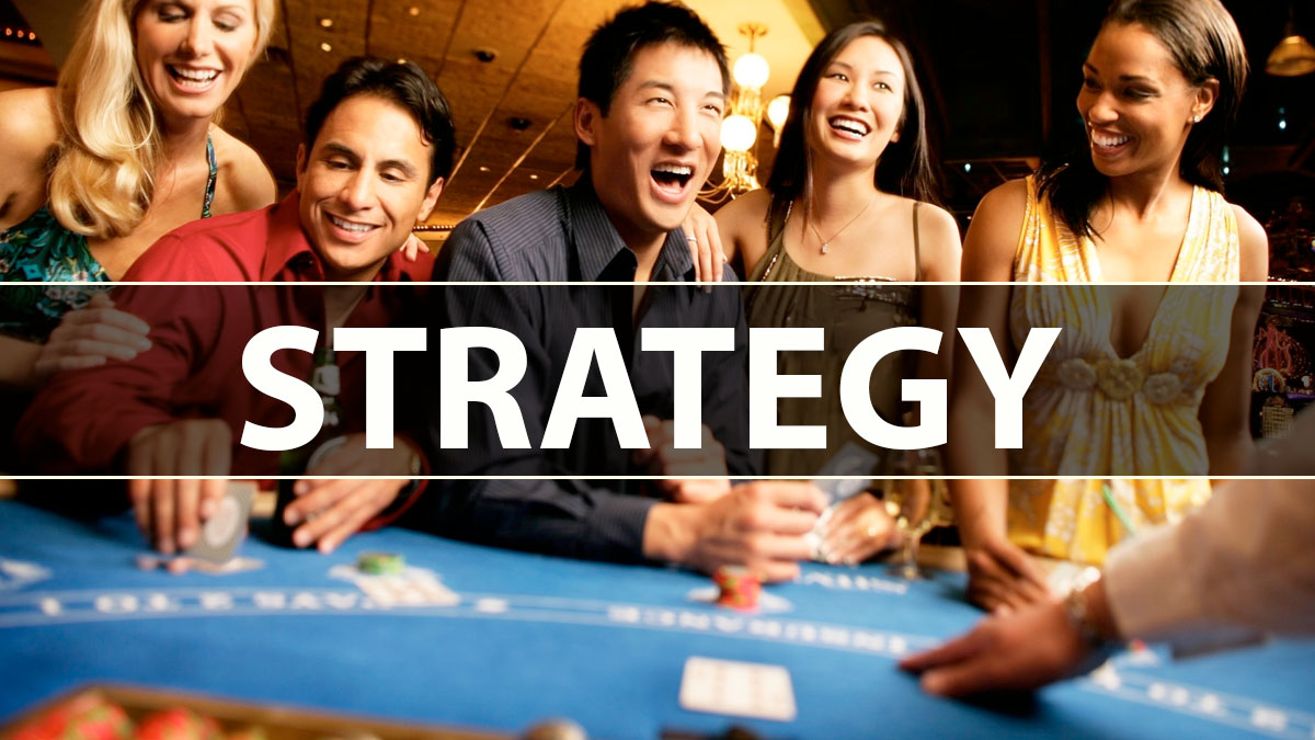 Strategy Text With Smiling Gamblers Background
