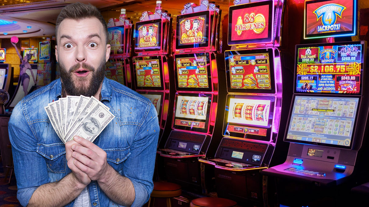 Excited Man Holding Money With a Slots Background