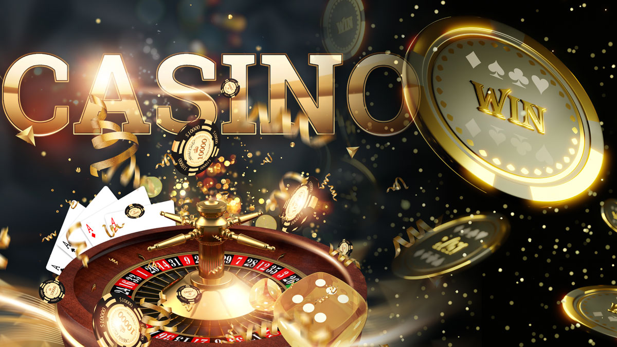 Casino Text With a Roulette Wheel Dice and Chips