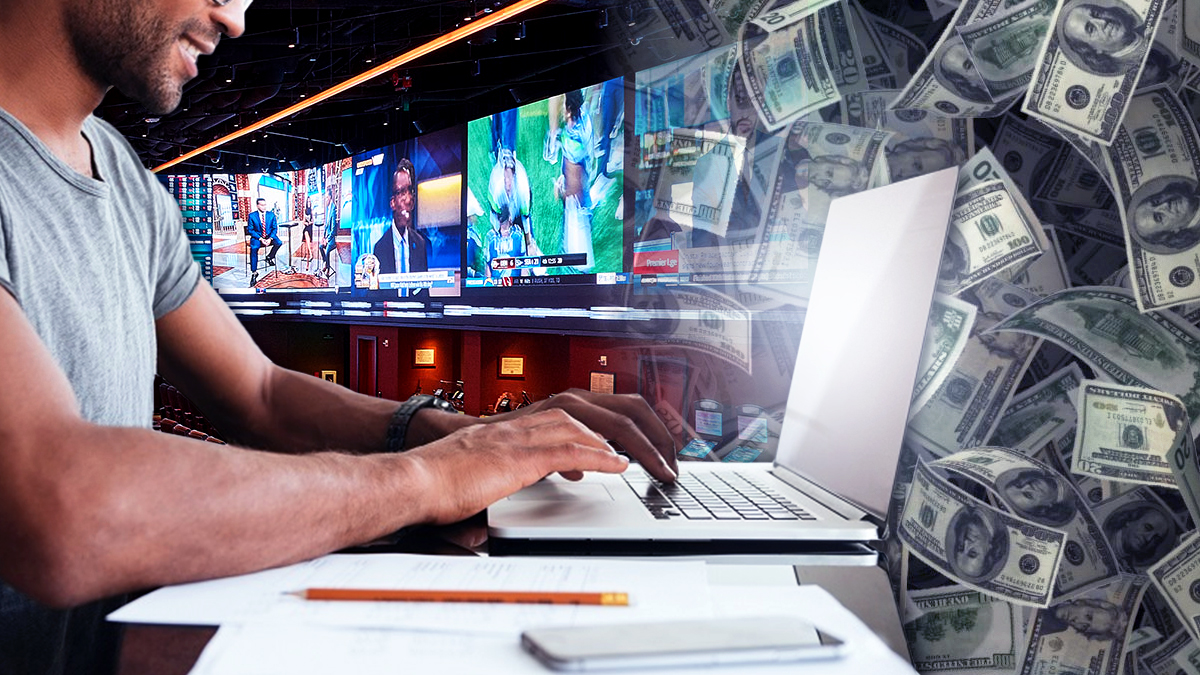Man on Laptop With a Sportsbook and Money Background