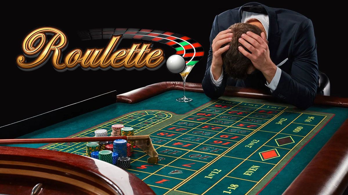 Upset Gambler at a Roulette Table With Roulette Graphic Text