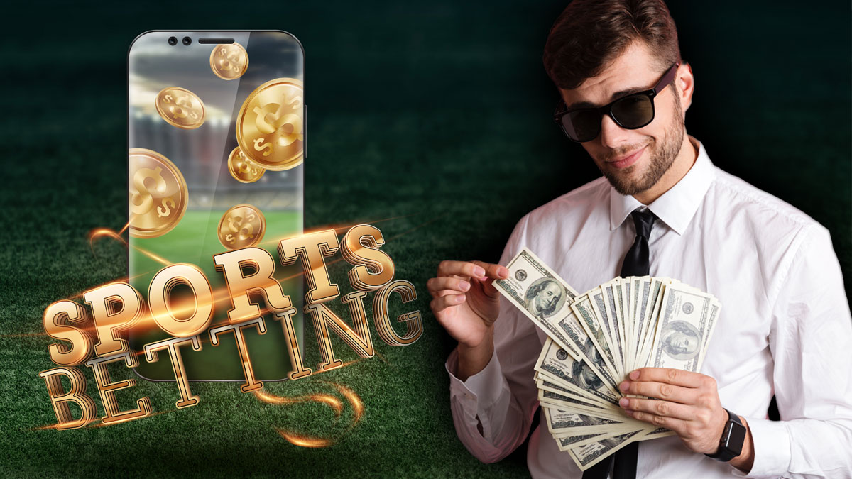 Sports Betting Graphic and Man Holding Fan of Money