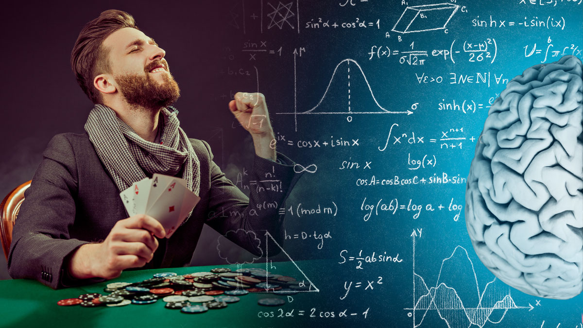 Happy Gambler Holding Cards and a Brain and Equations Image
