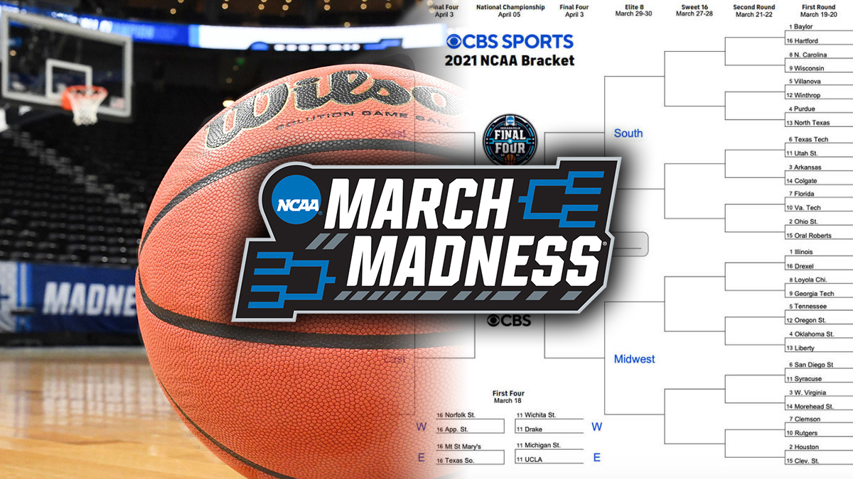 Basketball On A Court On Left And March Madness Bracket On Right And Logo In Center