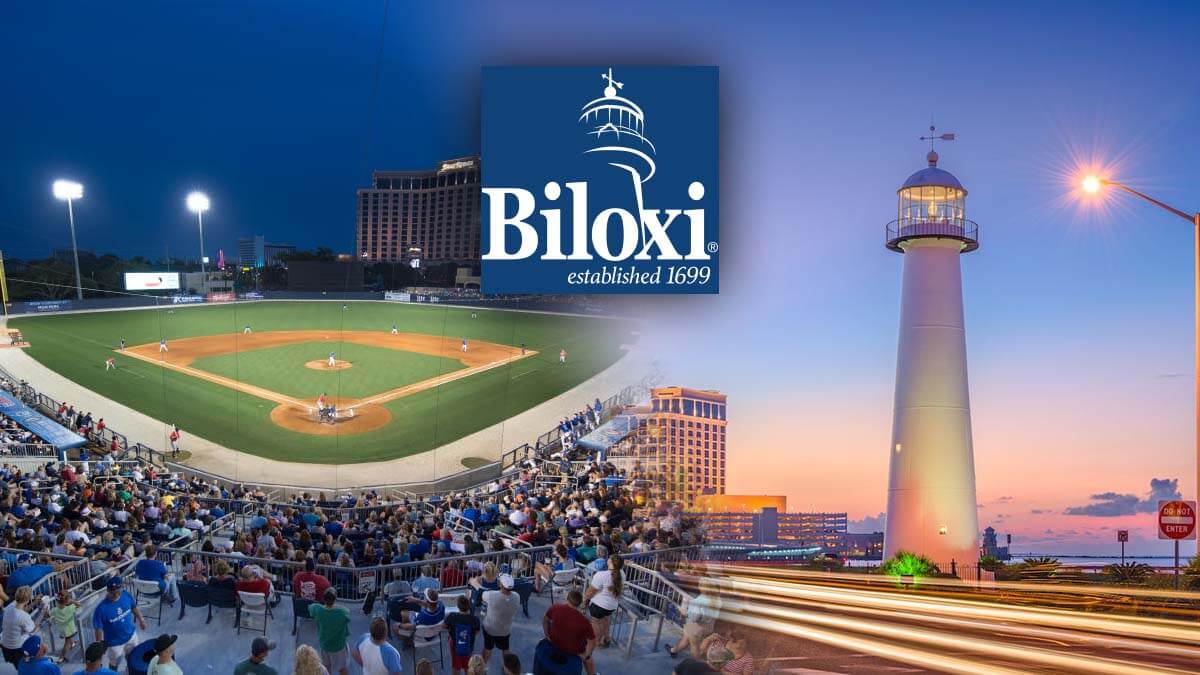 MGM Park on Left With the Biloxi Lighthouse on Right with Biloxi Logo in Center