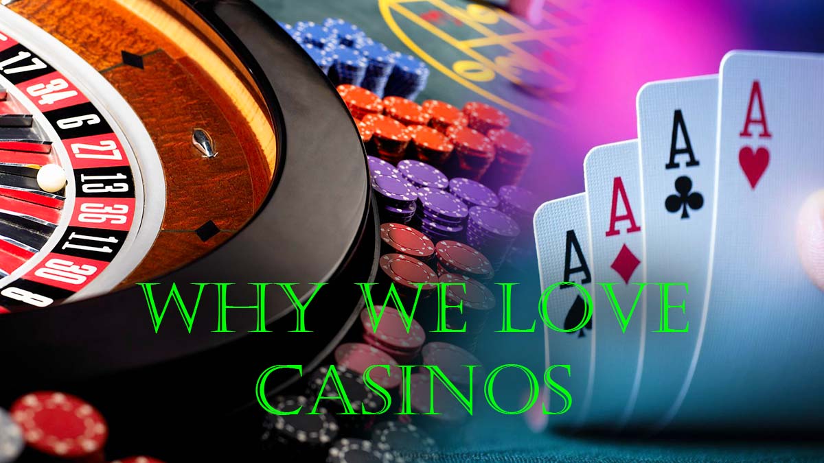 Roulette Table With Chips on Left With Four Aces On Right With Why We Love Casinos In Center